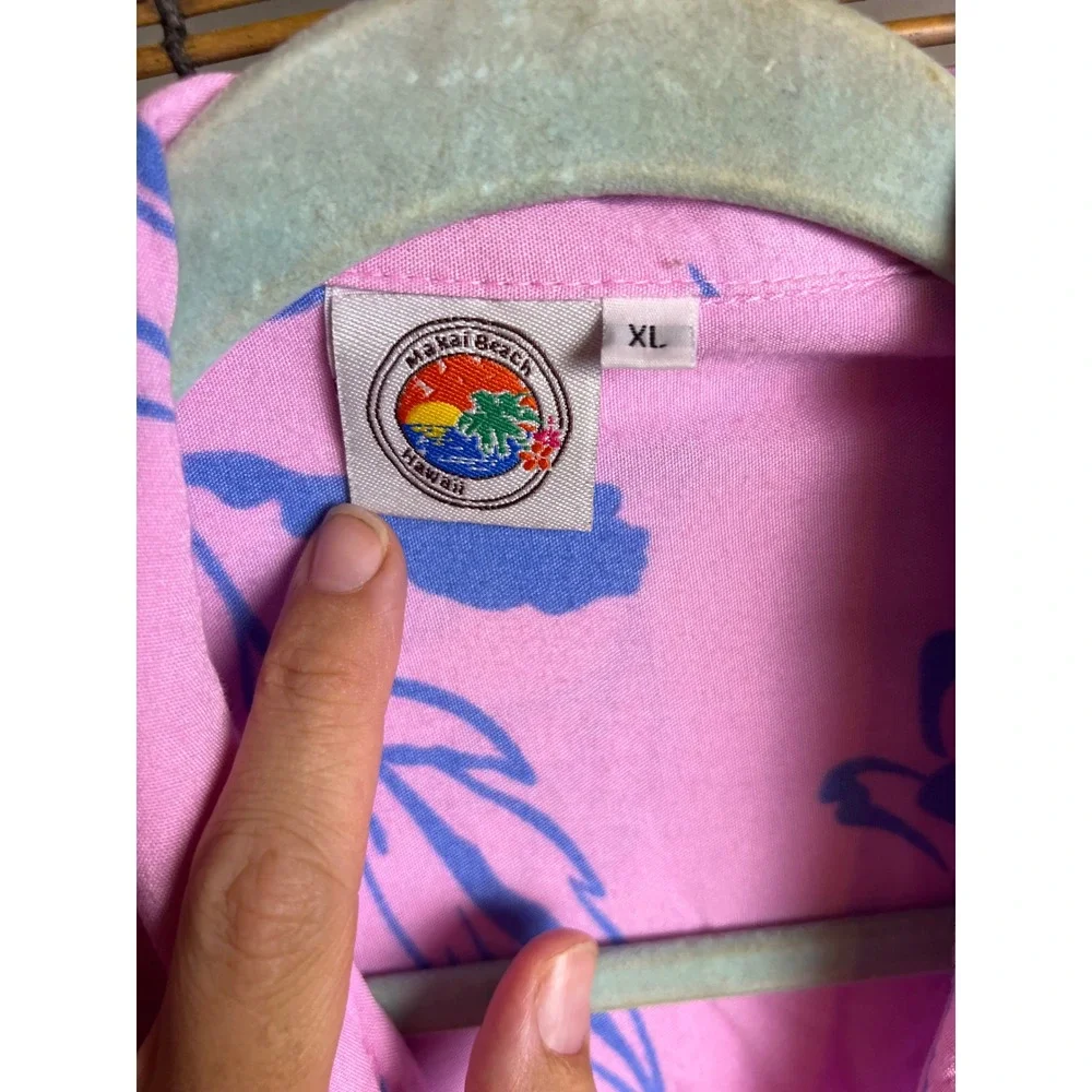 Makai Beach Hawaii Pink Blue Tropical Floral Rayon Button Down Shirt XL